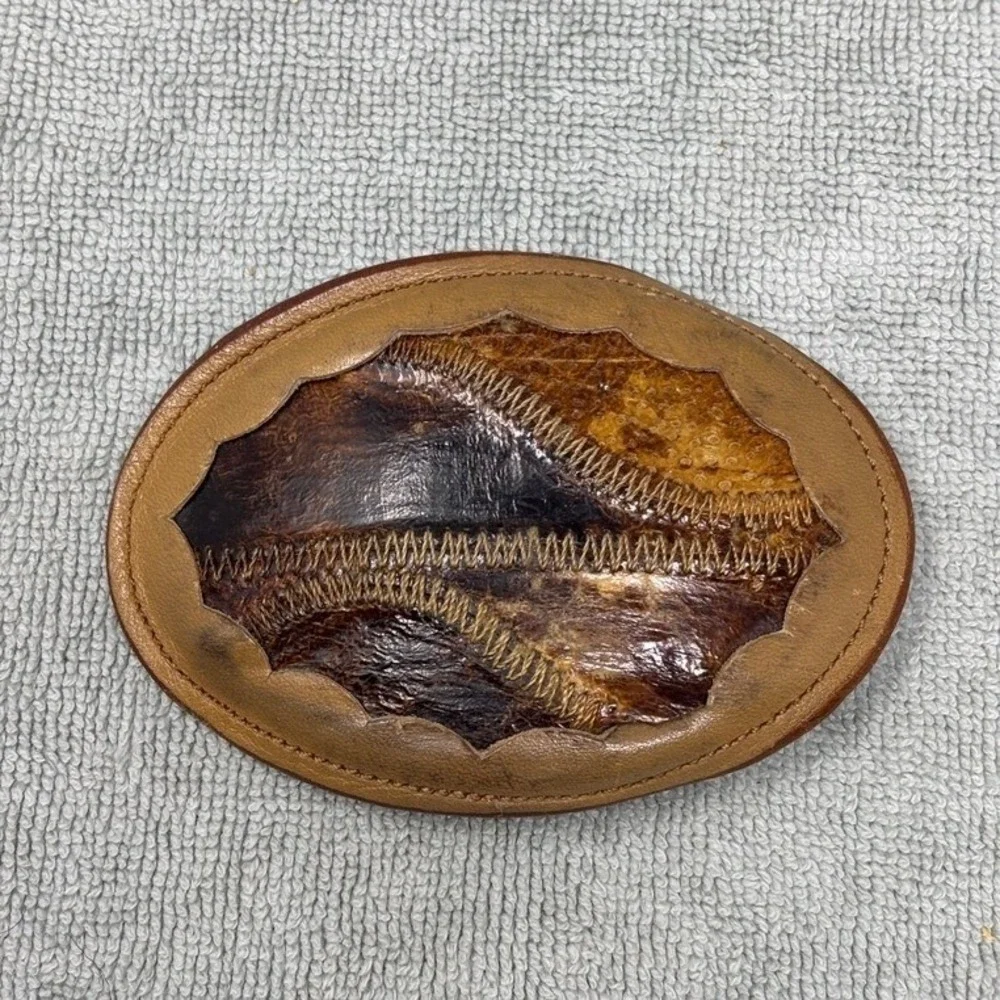 Vtg Nocona Western Leather Belt Buckle Exotic Skin Inlay Zigzag Stitch Brown‎